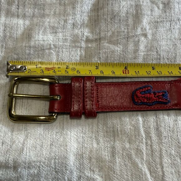 VINTAGE 80s Lacoste Belt Men Size 36 Red Leather Cotton Elastic Stretch Preppy - Picture 12 of 16